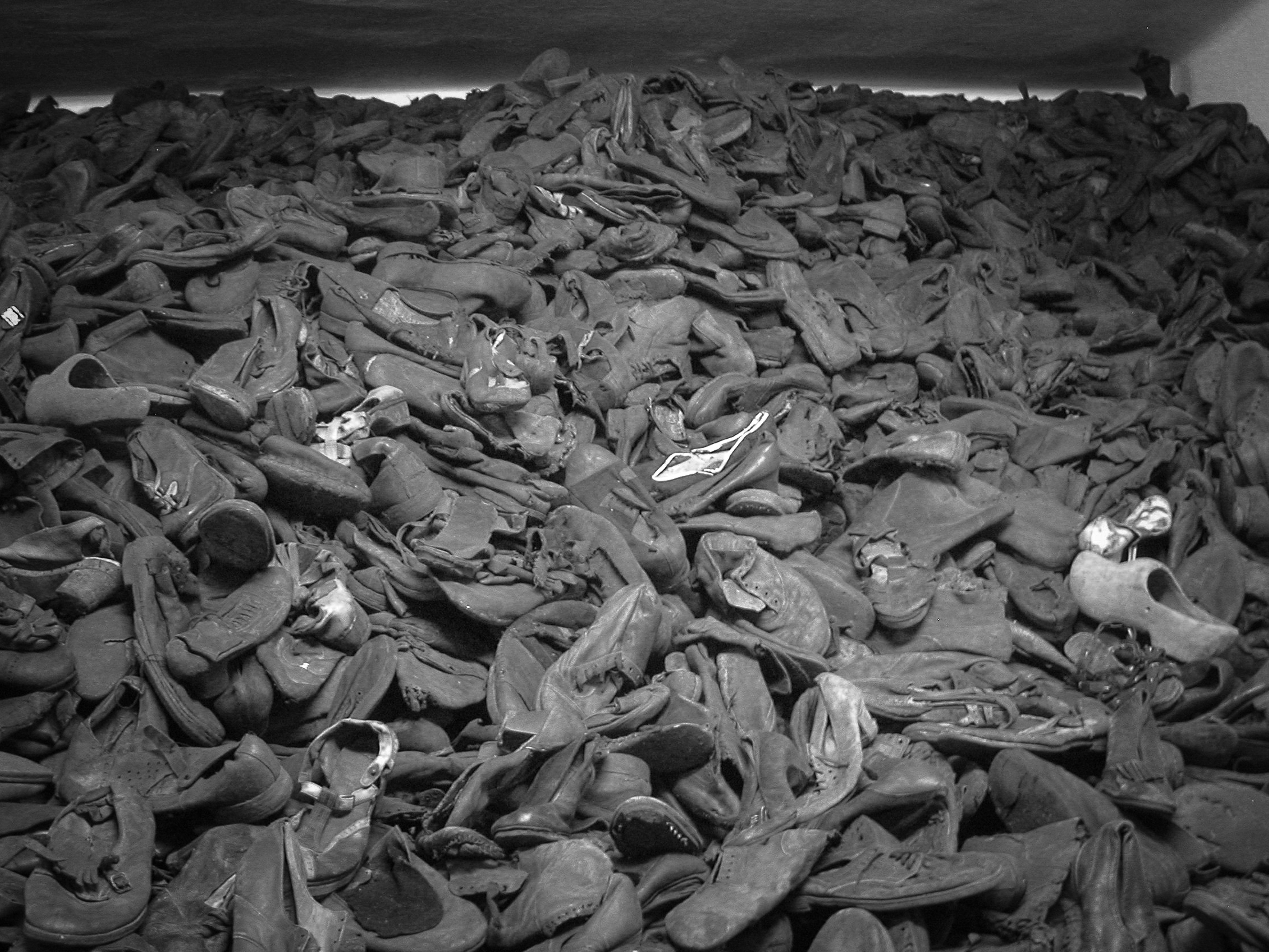 A poignant black and white photograph of a pile of shoes, remnants of those who perished in concentration camps. Symbolizing loss and human tragedy, the image serves as a solemn reminder of the atrocities of the past.